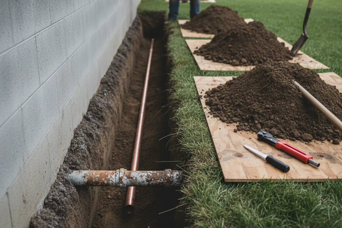 Excavated water line trench during Water Heater Repair in Guy